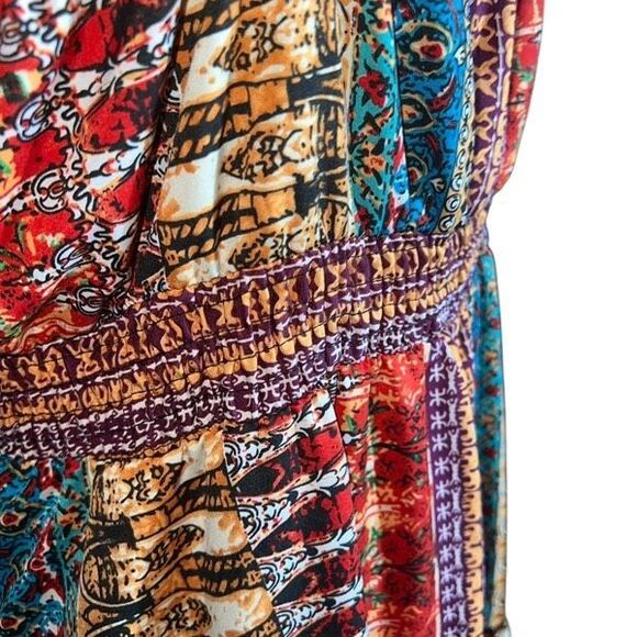 Boho Midi Sundress 1X Tiered Flowy Dress Smocked Adjustable Straps Tribal Print - Picture 9 of 14